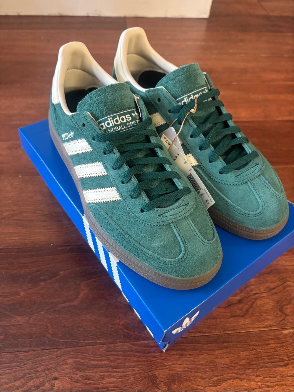 Adidas Handball Spezial Green Suede Sneakers with White Stripes